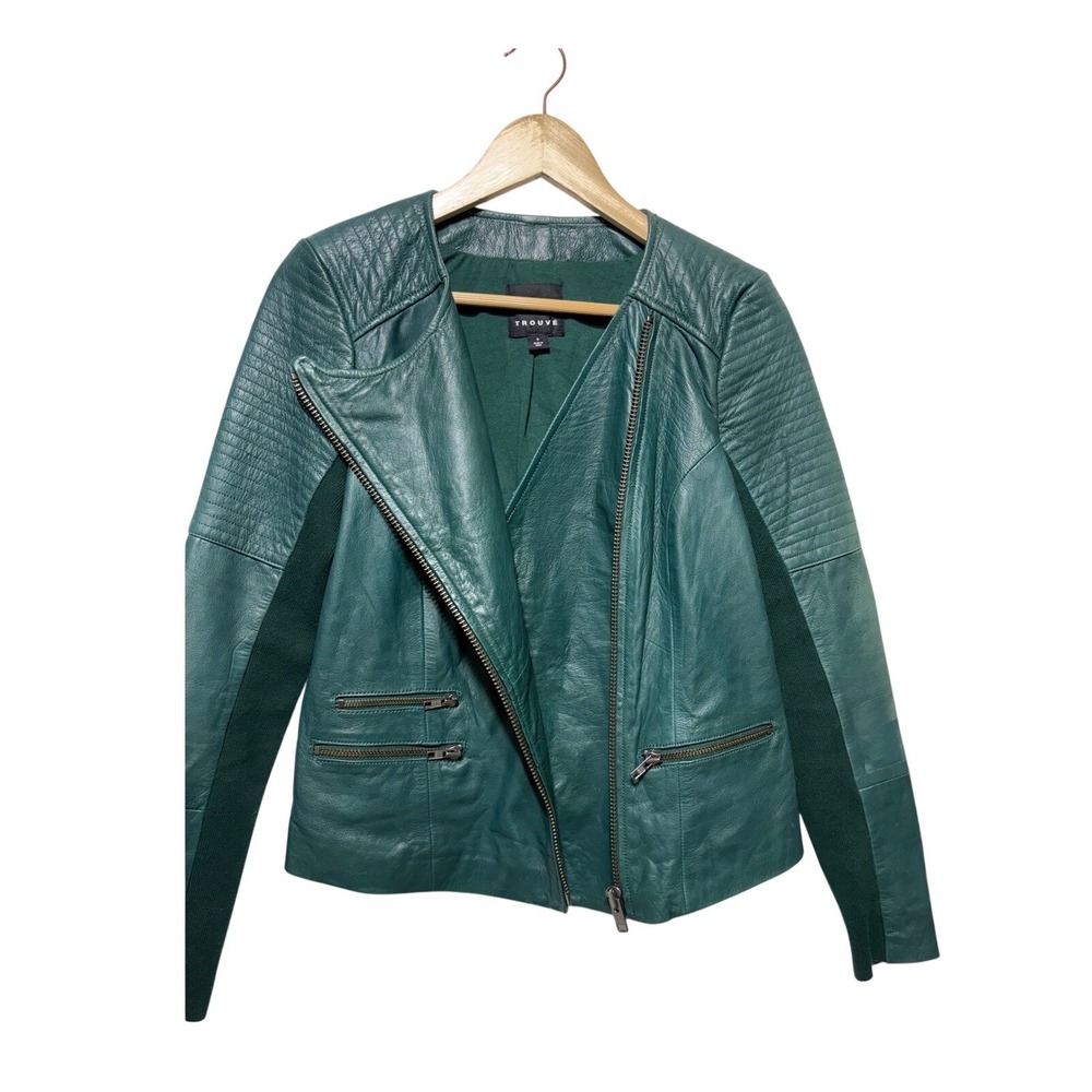Trouve Emerald Green Leather Moto Jacket Quilted Shoulder Asymmetrical Zip S - Picture 2 of 12